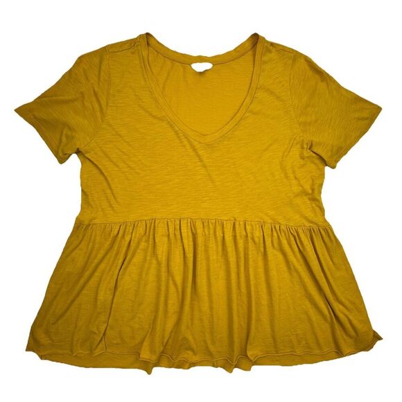 Terra & Sky Yellow Top Size 2X V-Neck Flowy Fit Flare Stretch Blouse Peasant - Picture 2 of 8